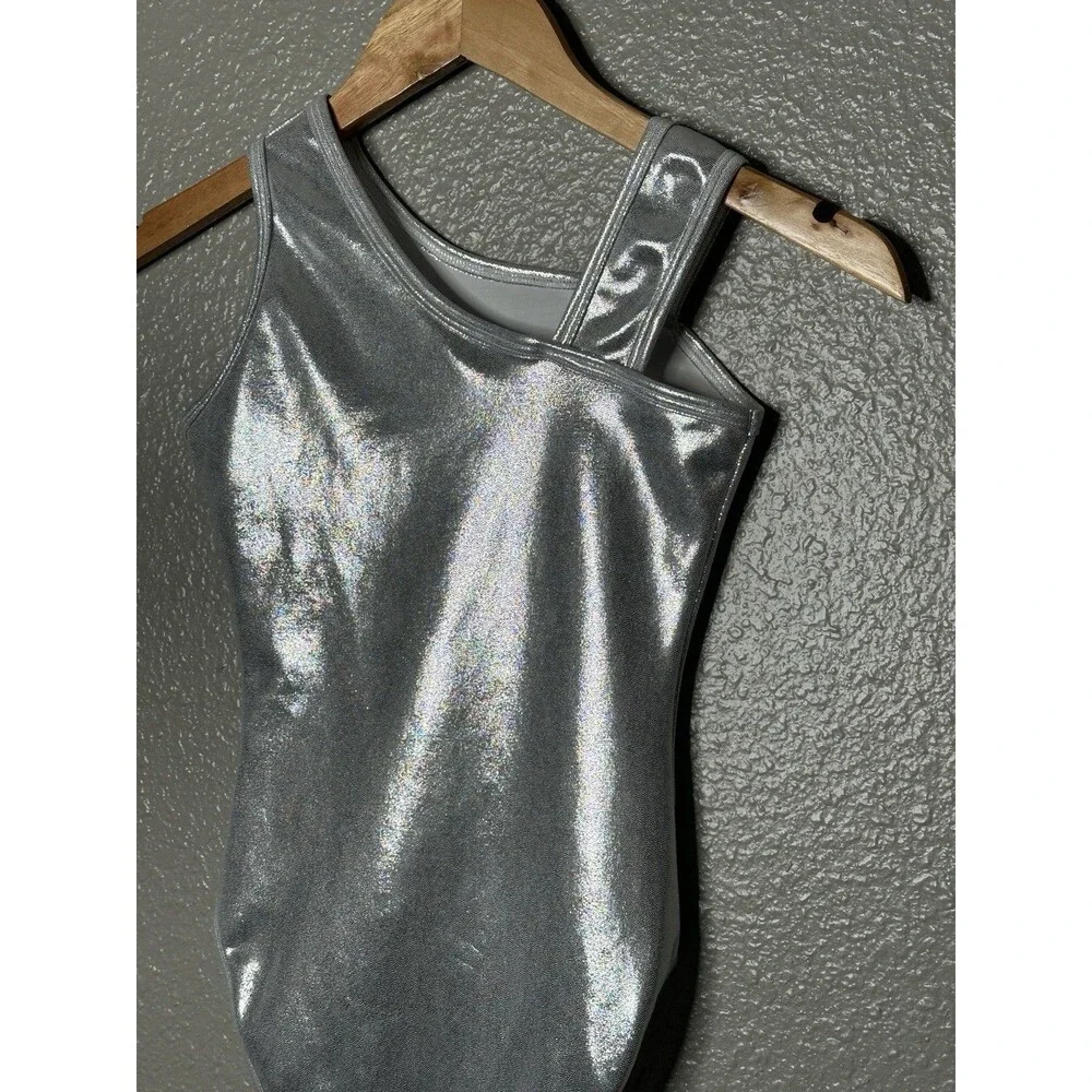 Alpha Factor Youth Medium Silver Foil Leotard New Gymnastics Dance